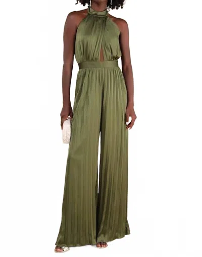 Lulus Confident Impression Satin Pleated Halter Jumpsuit In Olive Green