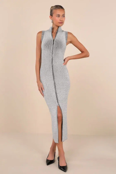 Lulus Confident Moves Light Grey Marled Zip-front Midi Sweater Dress