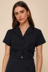 LULUS CONFIDENT PERFECTION NAVY BLUE TWILL COLLARED BUTTON-UP BOW TOP