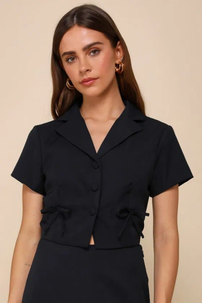 Lulus Confident Perfection Navy Blue Twill Collared Button-up Bow Top