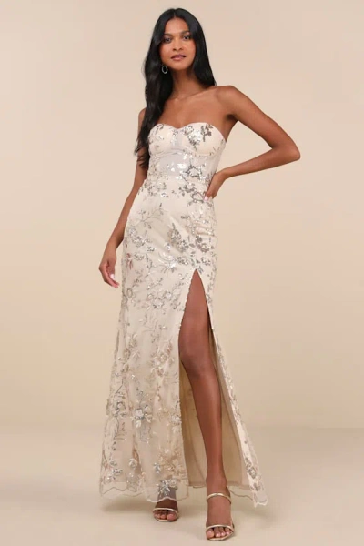 Lulus Confident Sensation Gold Sequin Strapless Bustier Maxi Dress
