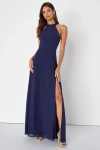 Lulus Confidently Charismatic Navy Blue Backless Halter Maxi Dress In Navy Blue