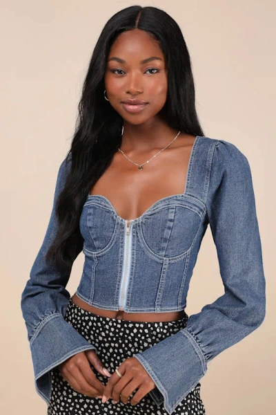 Lulus Confidently Coveted Dark Wash Denim Long Sleeve Bustier Crop Top In Blue