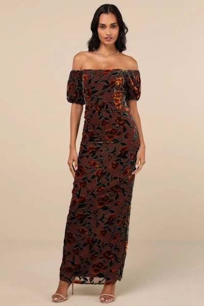 Lulus Confidently Impressive Brown Velvet Off-the-shoulder Maxi Dress