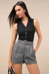 Lulus Confidently Posh Grey Plaid Belted High-waisted Shorts In Grey
