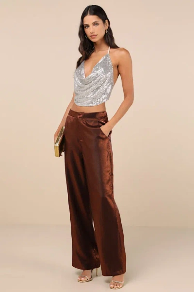 Lulus Confirmedly Chic Shiny Brown High-rise Wide-leg Trouser Pants