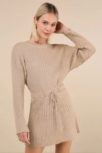 Lulus Considerable Charm Tan Boucle Knit Sweater Mini Dress