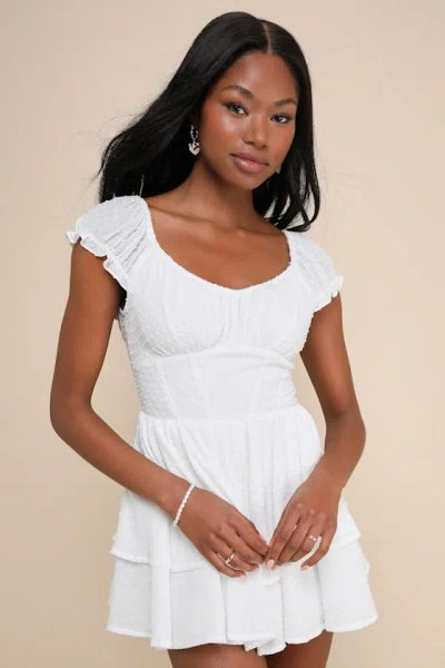 Lulus Considerably Cute White Swiss Dot Bustier Ruffled Romper