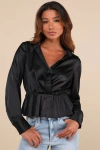 Lulus Considered Sophistication Black Satin Long Sleeve Collared Top In Black