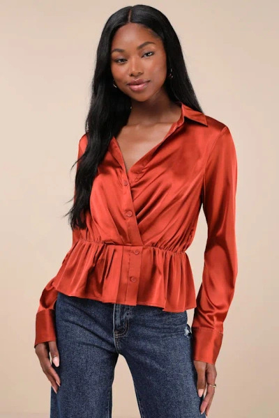Lulus Considered Sophistication Rust Satin Long Sleeve Collared Top In Red