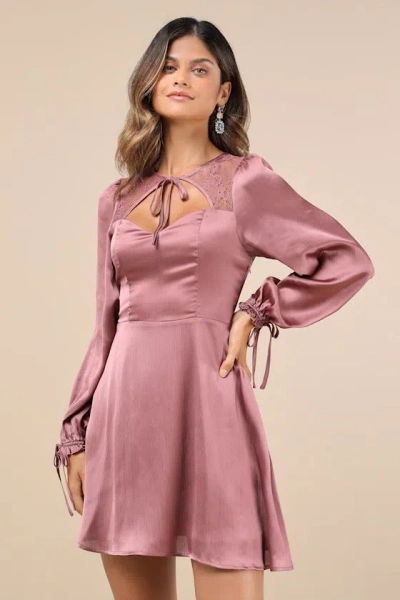 Lulus Consistent Beauty Mauve Pink Lace Cutout Long Sleeve Mini Dress