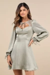 Lulus Consistent Beauty Sage Green Lace Cutout Long Sleeve Mini Dress In Sage Green