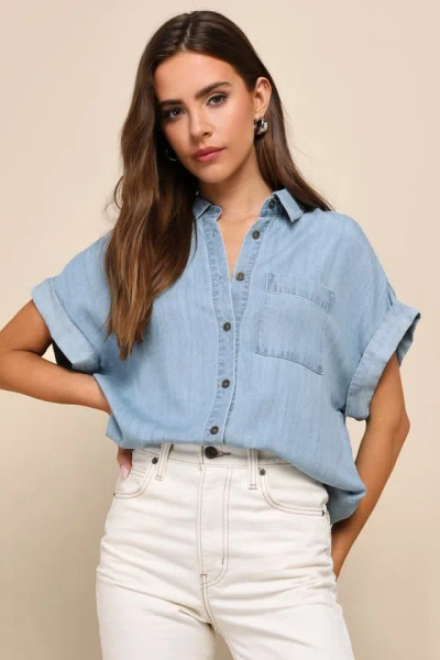 Lulus Consistently Confident Blue Chambray Collared Button-up Top