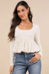 Lulus Constantly A Cutie Ivory Mixed Media Bubble-hem Top In Ivory
