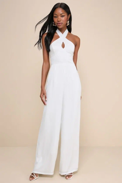 Lulus Constantly Copied White Satin Cross-front Halter Jumpsuit