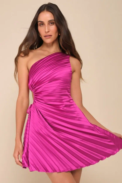 Lulus Constantly Poised Magenta Satin Pleated One-shoulder Mini Dress