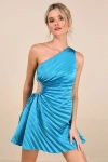 Lulus Constantly Poised Teal Satin Pleated One-shoulder Mini Dress In Teal