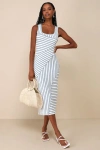 Lulus Constantly Trendy Blue Striped Crinkle Bodycon Midi Dress In Blue