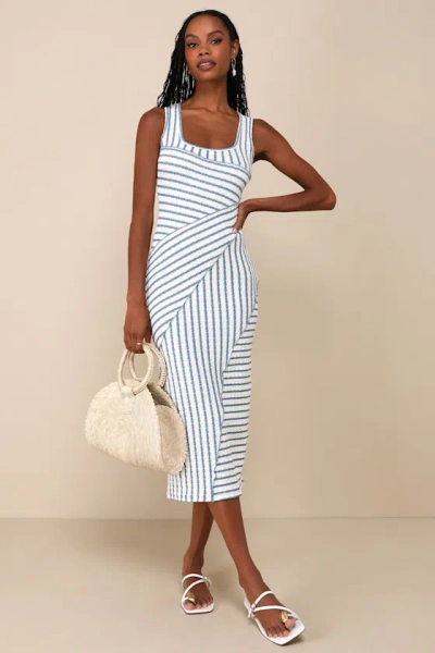 Lulus Constantly Trendy Blue Striped Crinkle Bodycon Midi Dress