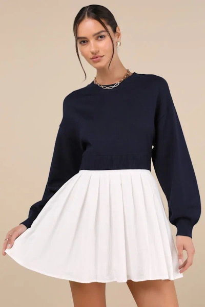 Lulus Contemporary Comfort Navy Layered Pleated Sweater Mini Dress