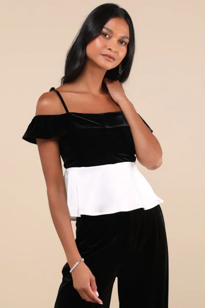 Lulus Contemporary Drama Black And White Velvet Cold Shoulder Top
