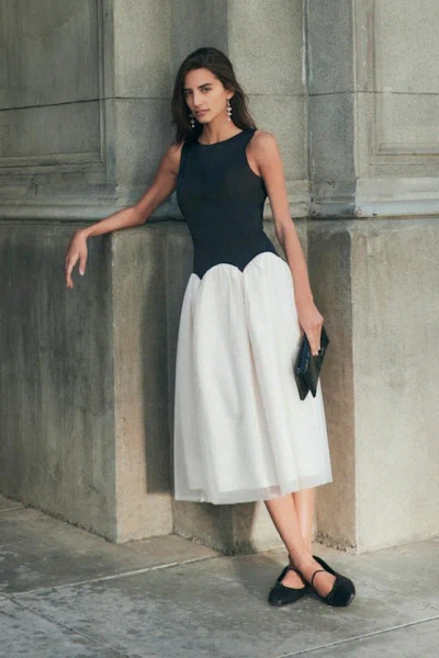 Lulus Contemporary Elegance Black And Cream Satin Tulle Midi Dress