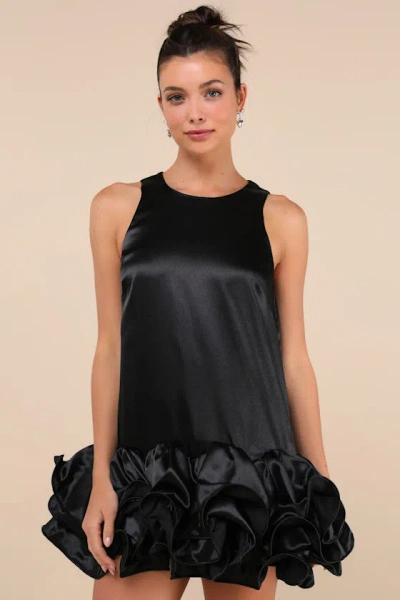 Lulus Contemporary Stunner Black Satin Ruffle Hem Shift Mini Dress