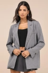Lulus Convincing Charisma Grey Pinstriped Blazer In Grey