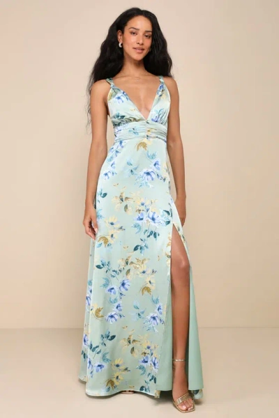 Lulus Convincing Elegance Sage Green Floral Satin A-line Maxi Dress