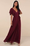 Lulus Convincing Grace Burgundy Flutter Sleeve Wrap Maxi Dress In Burgundy