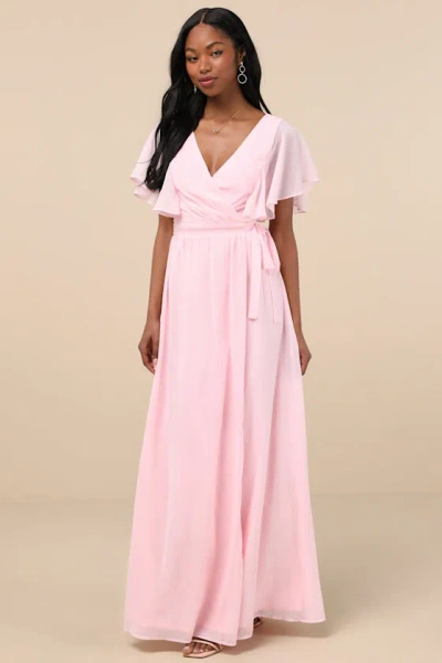 Lulus Convincing Grace Light Blush Flutter Sleeve Wrap Maxi Dress In Pink