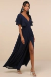 Lulus Convincing Grace Navy Blue Flutter Sleeve Wrap Maxi Dress In Navy Blue