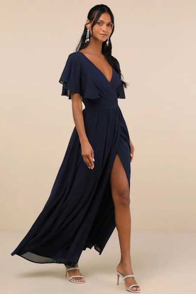 Lulus Convincing Grace Navy Blue Flutter Sleeve Wrap Maxi Dress
