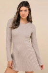 Lulus Convincing Poise Beige Ribbed Long Sleeve Skater Mini Dress In Beige