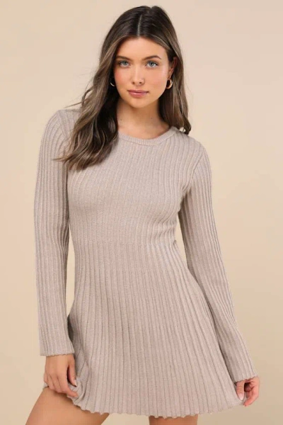 Lulus Convincing Poise Beige Ribbed Long Sleeve Skater Mini Dress