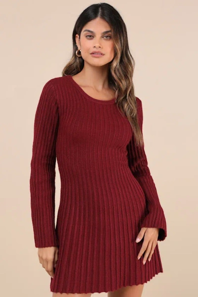 Lulus Convincing Poise Burgundy Ribbed Long Sleeve Skater Mini Dress