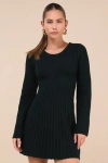 Lulus Convincing Poise Dark Green Ribbed Long Sleeve Skater Mini Dress In Dark Green