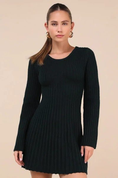 Lulus Convincing Poise Dark Green Ribbed Long Sleeve Skater Mini Dress