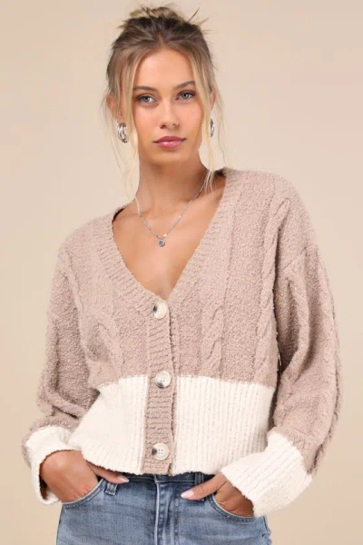 Lulus Convincingly Cozy Beige And Ivory Cable Knit Boucle Cardigan