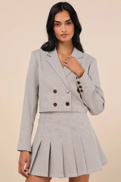 Lulus Convincingly Poised Brown Plaid Double-breasted Cropped Blazer