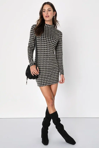 Lulus Cool Girl Status Black Print Mock Neck Long Sleeve Mini Dress