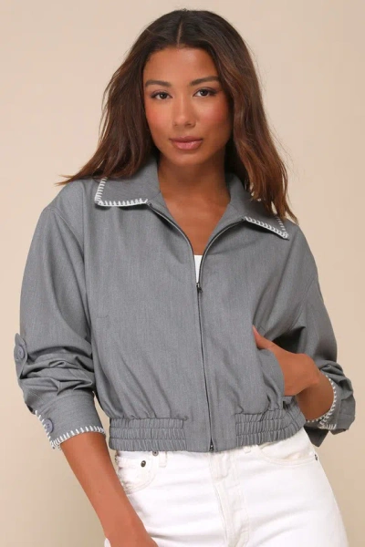 Lulus Cool Impulse Grey Embroidered Bomber Jacket In Gray