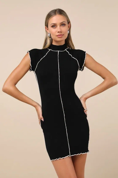 Lulus Cool Vibe Black Ribbed Short Sleeve Mock Neck Mini Dress