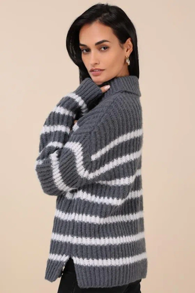 Lulus Cooler Forecast Grey And White Striped Turtleneck Sweater