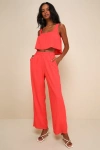 Lulus Coolest Allure Coral Red Textured High-rise Wide-leg Pants In Coral Red