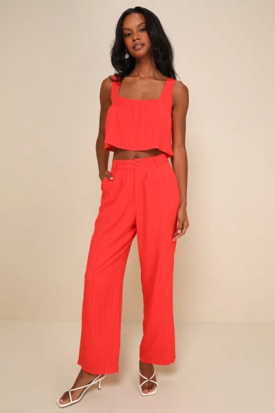 Lulus Coolest Allure Coral Red Textured Square Neck Cropped Tank Top