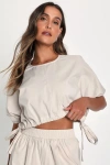 Lulus Coolest Cutie Beige Short Sleeves Drawstring Crop Top In Beige