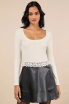 Lulus Coquette Appeal Cream Pointelle Lace Long Sleeve Top In White