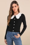Lulus Coquette Babe Black Pointelle Pearl Peter Pan Collar Cardigan In Black
