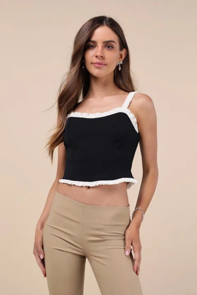 Lulus Coquette Charisma Black And White Ruffled Tie-back Crop Top